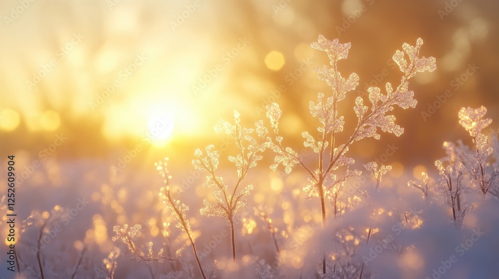 Obraz premium Frost-covered plants gently glow in the golden light of sunset, creating a serene and peaceful winter scene filled with natural beauty