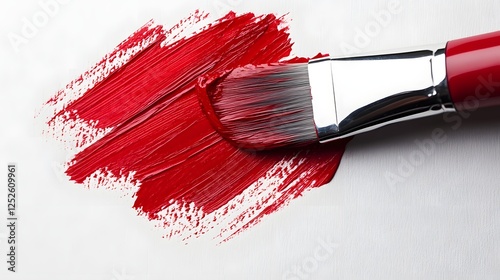 Red paint brush with bristles and wooden handle on a white background photo