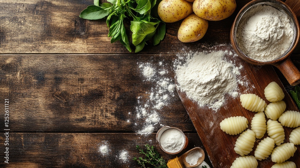 Homemade gnocchi dusted with flour on a wooden board, surrounded by ingredients like potatoes and flour, ready for cooking Homemade gnocchi dusted with flour on a wooden board, surrounded by ingredients like potatoes and flour, ready for cooking