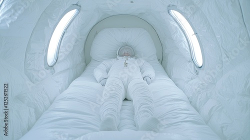 Astronaut resting in a white padded capsule photo