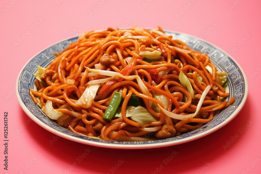 Yummy chow mein dish presented on a patterned ceramic plate Yummy chow mein dish presented on a patterned ceramic plate