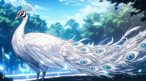 White peacock with blue eyes displaying its iridescent tail feathers in a vibrant and colorful anime style illustration photo