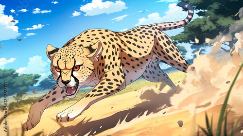 A stealthy anime cheetah running at full speed across a vibrant landscape with blurred background depicting motion and energy in a dynamic scene photo