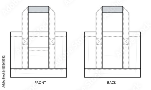 Structured Bottom Tote Bag Technical Fashion Illustration. Durable Shopper Bag Vector Template. Front and Back View. Reinforced Base. Wide Shoulder Straps. Functional Carryall. CAD Mockup.