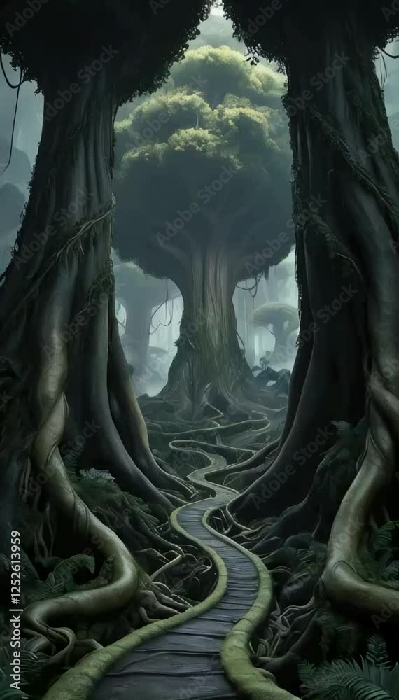A serpentine footpath winds its way between colossal, towering trees that stretch towards the sky, their trunks robust and gnarled, their canopies a kaleidoscope of emerald, olive, and sage hues