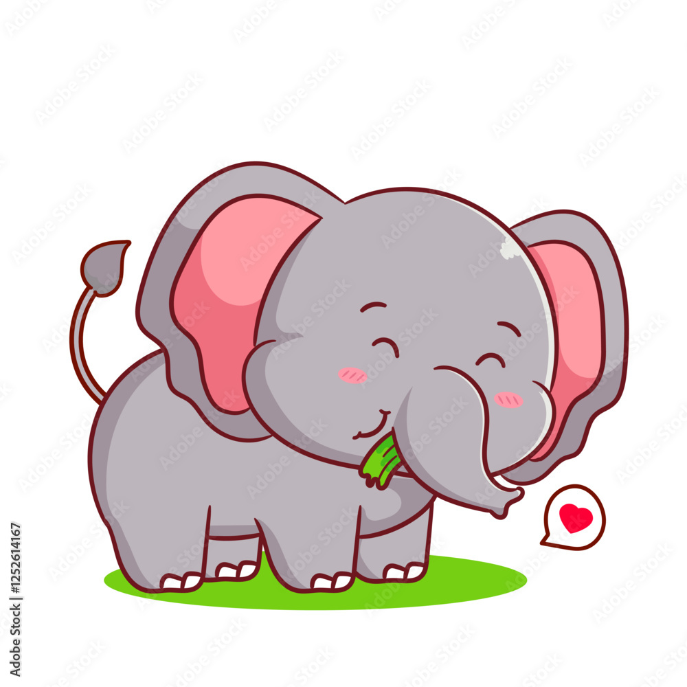 Obraz premium Cute elephant eating grass. Kawaii animal concept design. Vector art illustration.