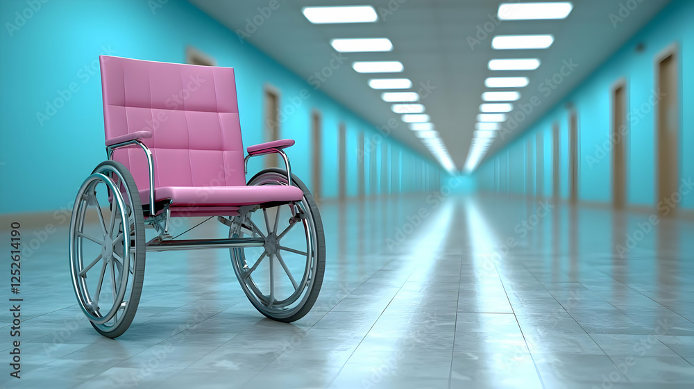 Fototapeta premium Pink wheelchair in long hospital corridor