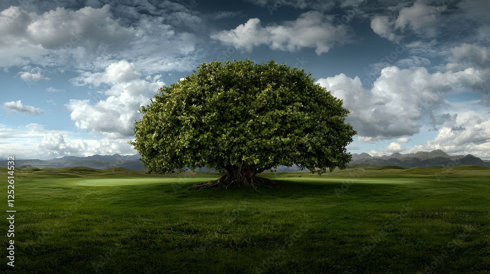 Solitary tree in green field, mountains backdrop, nature scene, peaceful landscape, environmental image Solitary tree in green field, mountains backdrop, nature scene, peaceful landscape, environmental image
