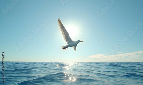 Seagull in Flight Above Calm Ocean Waters Under Bright Sunlight