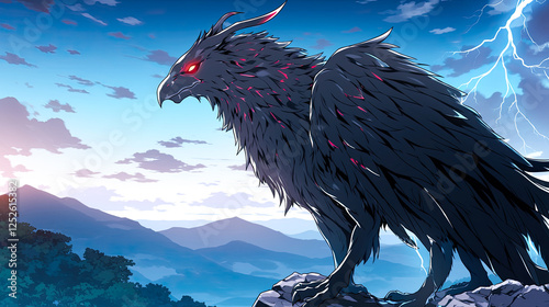 Bird with red eyes standing on a rock with a powerful anime griffon spreading its wings in the background on a mountain landscape photo