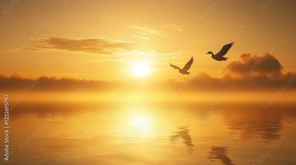 Fototapeta premium Two geese flying over still waters at sunrise, with the warm golden glow of the early morning sun reflecting off the water, evoking peace and beauty