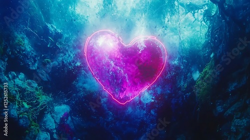Glowing Neon Heart in Abstract Underwater Scene
