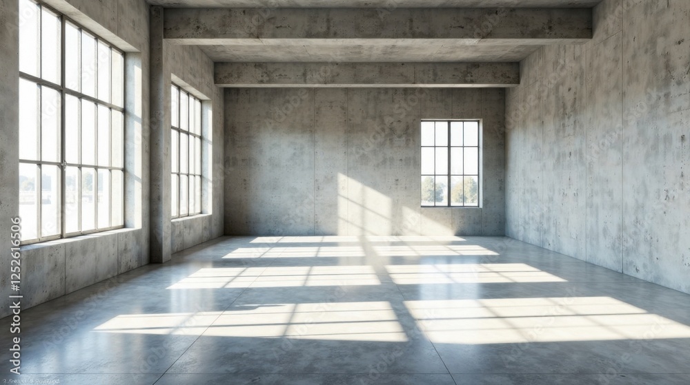 Fototapeta premium Sunlit Empty Industrial Space Polished Concrete Floor, Large Windows, and Exposed Beams