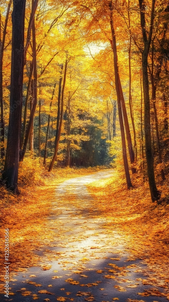 Obraz premium Autumn forest road with bright yellow leaves carpeting the path Sunlight streams through the trees casting long shadows and illuminating the rich colors of the fall foliage