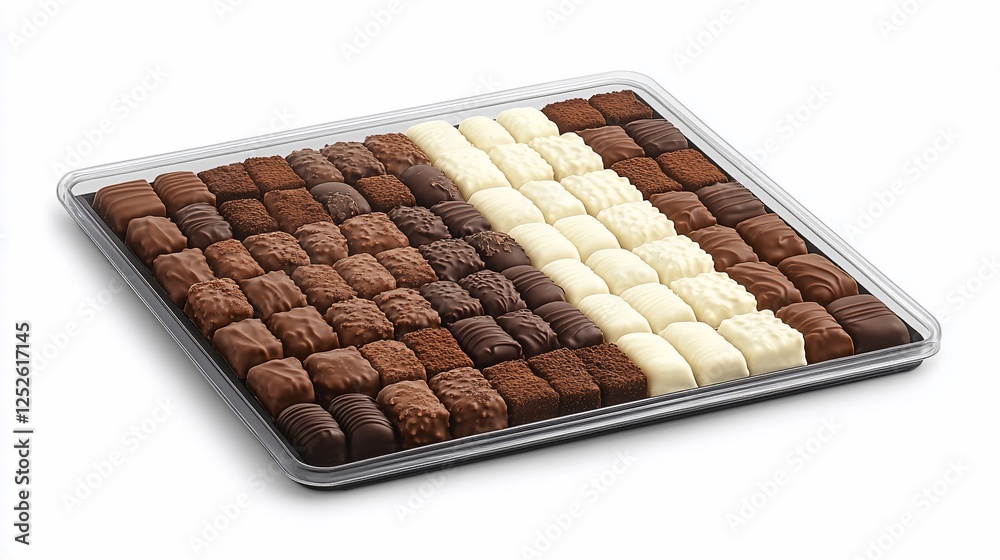 Assorted chocolates on a clear plastic tray, close-up, white background, gift Assorted chocolates on a clear plastic tray, close-up, white background, gift