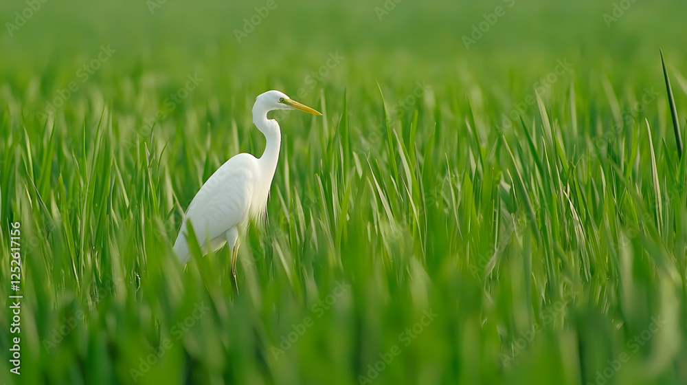 Fototapeta premium White Heron Standing Gracefully Among Lush Green Rice Fields