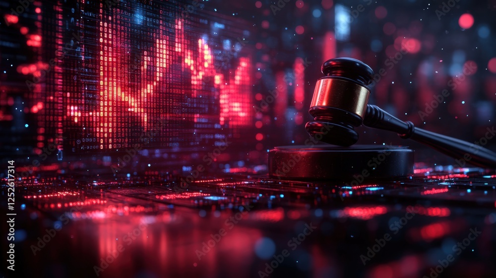 Gavel resting on a digital platform with fluctuating stock market graphs in the background Gavel resting on a digital platform with fluctuating stock market graphs in the background