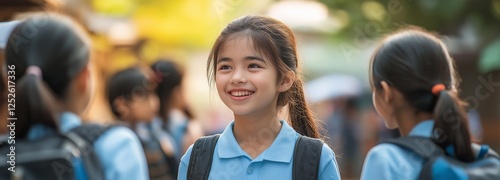 Joyful students conversing with one another as they go in a school hallway