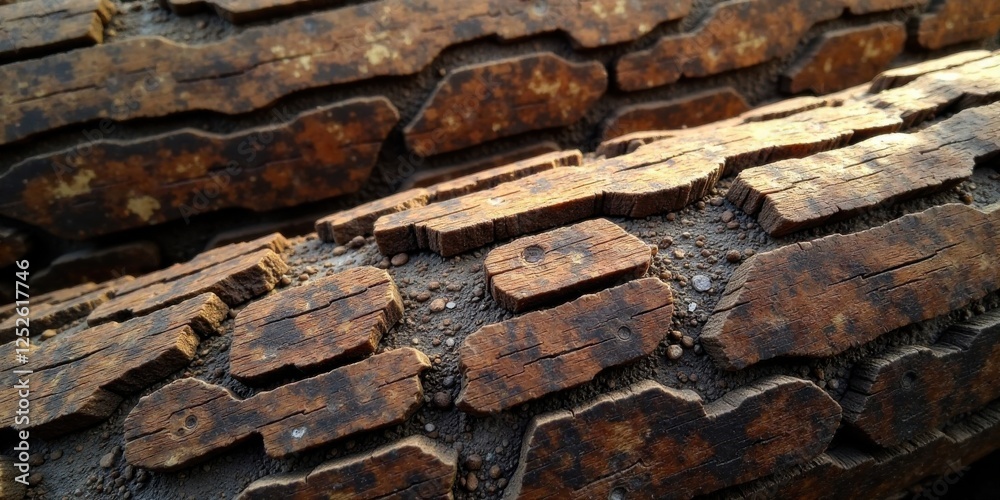 Close-up view of weathered, textured wooden planks arranged in a repeating pattern, exhibiting signs of age and exposure to the elements Close-up view of weathered, textured wooden planks arranged in a repeating pattern, exhibiting signs of age and exposure to the elements