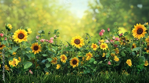 A vibrant summer garden with sunflowers, roses, and lush green grass.