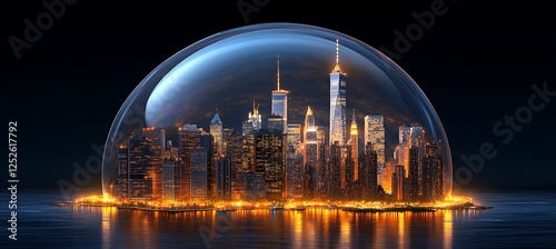 Nighttime Manhattan Skyline Encased in a Protective Glass Dome
