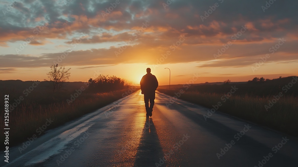 Solitary figure walking down a road at sunset. Solitary figure walking down a road at sunset.