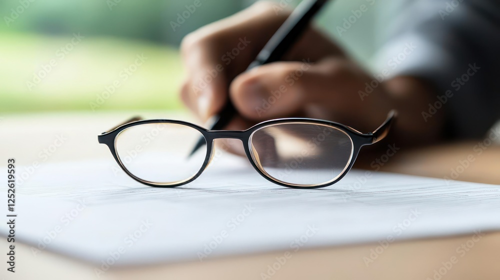 Closeup Of Hand Writing On Paper With Glasses Closeup Of Hand Writing On Paper With Glasses
