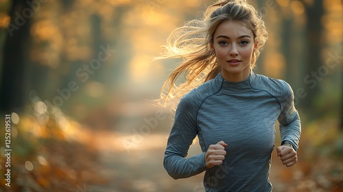 Autumn Run: A determined woman with windswept blonde hair races through a vibrant autumn forest, sunlight filtering through the leaves, a powerful image of strength and resilience.
