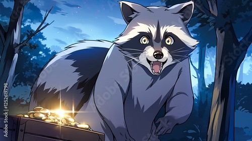 Mischievous anime raccoon stealing a shiny gemstone in a serene forest setting surrounded by trees and foliage photo