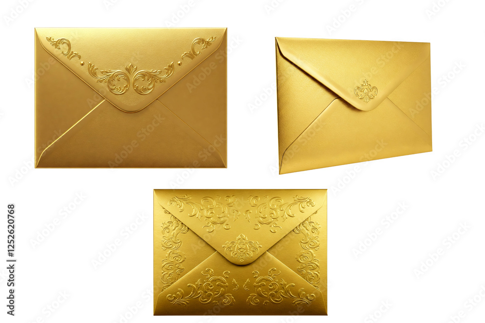 Set of Shiny gold envelope with a luxurious design, isolated on a transparent background in PNG format Set of Shiny gold envelope with a luxurious design, isolated on a transparent background in PNG format