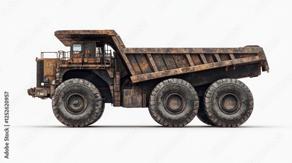 Rusty mining dump truck, side view, white background, industry Rusty mining dump truck, side view, white background, industry