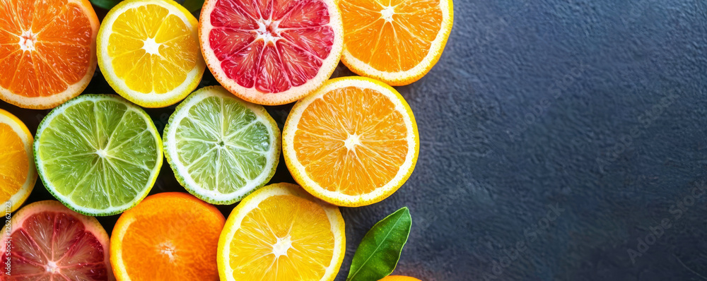 An artistic arrangement of sliced organic citrus fruits in a circular pattern, Fresh Juices, Colorful vibrance An artistic arrangement of sliced organic citrus fruits in a circular pattern, Fresh Juices, Colorful vibrance