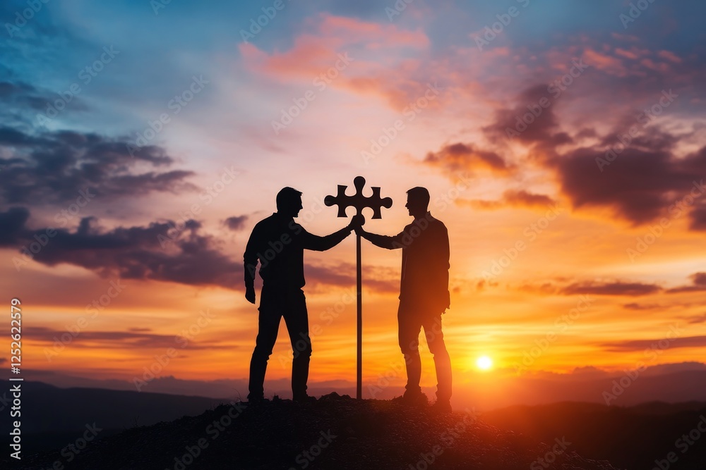 Fototapeta premium Teamwork summit sunset puzzle success