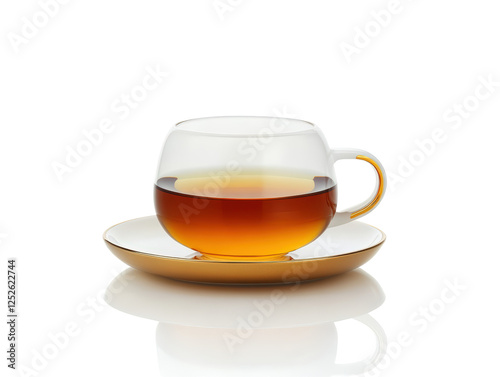 Isolated Modern Glass Teacup and Saucer with Golden Trim
