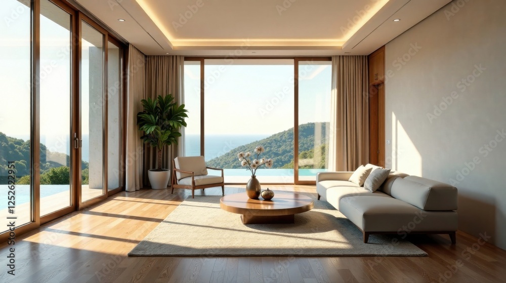 Fototapeta premium Serene Coastal Living Room with Panoramic Ocean View and Sunlit Hardwood Floors