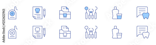 Dental icon set in two styles, Duotone and Thin Line style. Editable stroke. dentist, dental floss, dental insurance, mouthwash, documents, talk