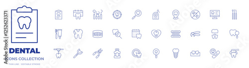 Dental icons collection. Thin Line icons, editable stroke. caries, clipboard, dental care, dentist, denture, target, tooth, appointment, dental checkup, dental floss
