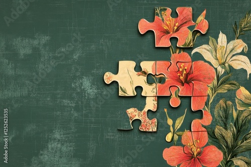 Floral jigsaw puzzle pieces connect on a textured green background