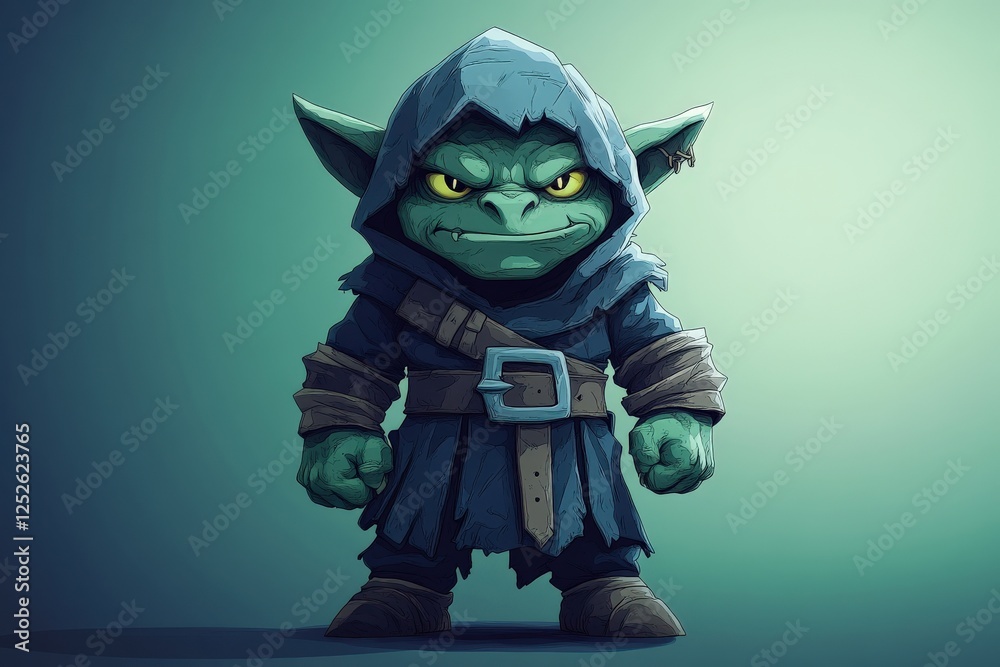 Fototapeta A menacing green goblin character with a hooded cloak standing guard