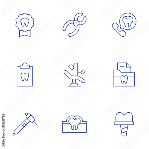 Dental icons set. Thin Line style, editable stroke. badge, dental, dental drill, dental pliers, dentist, dentist chair, documents, enamel, implant