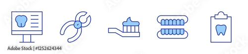 toothbrush, dentures, tooth, dental, dental pliers. Dental Icon vector illustration. Line Duotone style. Editable stroke