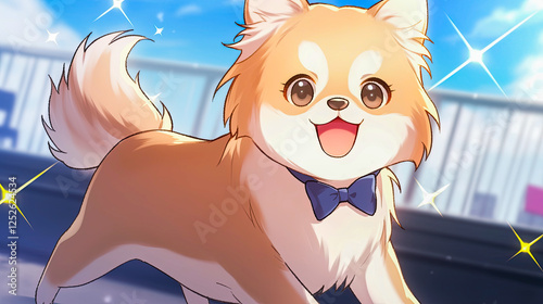 Dog with a bow tie standing in front of a building with a fluffy anime pomeranian wearing a tiny bowtie showcasing playful canine fashion photo