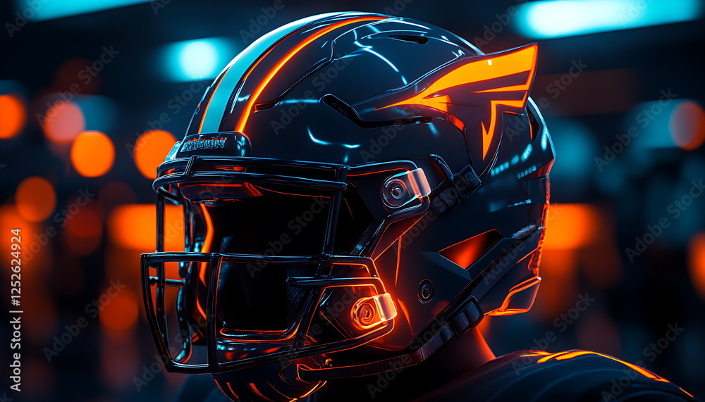 A football helmet with the blue and orange ligh A football helmet with the blue and orange ligh