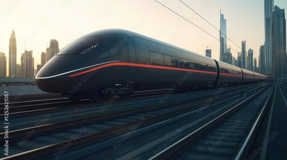 Fototapeta premium High-Speed Train At Sunrise Cityscape