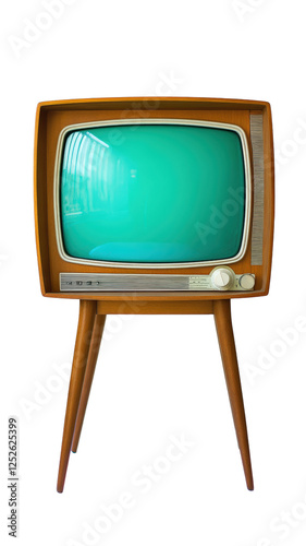 Isolated Retro Television with Legs and Turquoise Screen