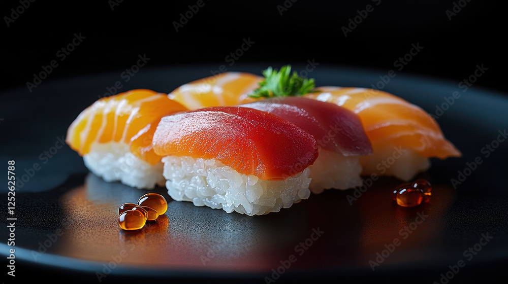 A high-end sushi dish with colorful sashimi and caviar, presented on an elegant dark plate A high-end sushi dish with colorful sashimi and caviar, presented on an elegant dark plate