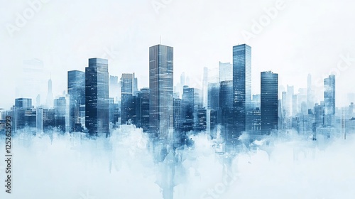 Blue city skyline with layered watercolor effect, modern urban landscape and buildings