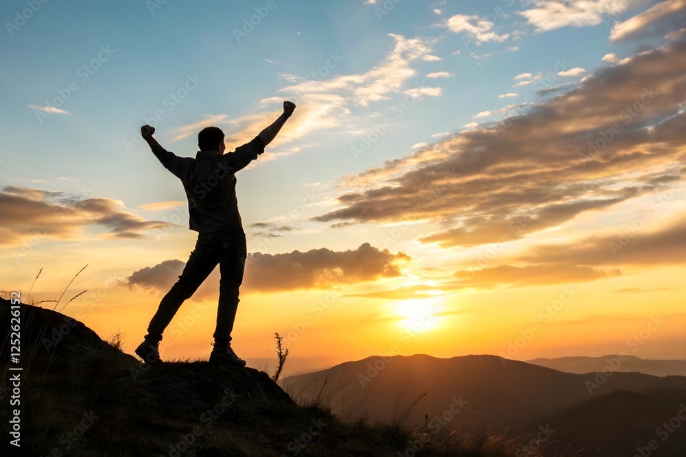 Silhouette of a triumphant person on a mountaintop at sunset. Silhouette of a triumphant person on a mountaintop at sunset.