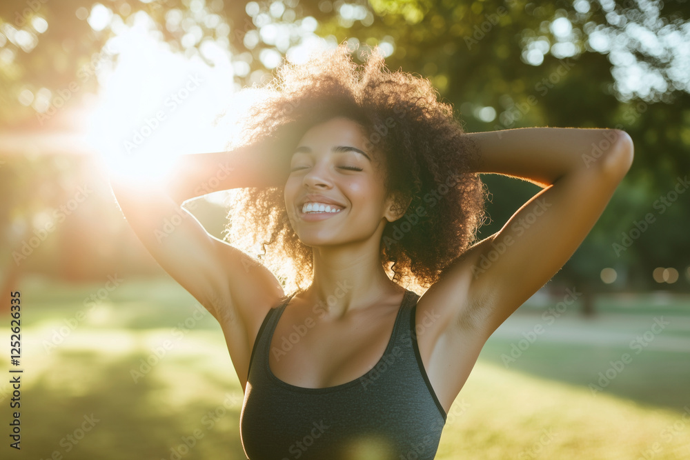 woman with curly hair is smiling and enjoying the sunshine. She is wearing a black tank top and is standing in a grassy area woman with curly hair is smiling and enjoying the sunshine. She is wearing a black tank top and is standing in a grassy area