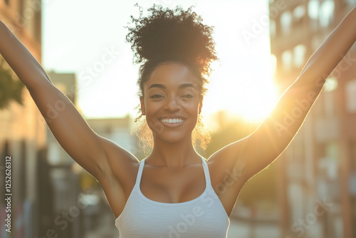 woman with a big smile on her face is standing in the street. She is wearing a white tank top and has her arms raised in the air. The sun is shining brightly, creating a warm and cheerful atmosphere Free Download woman with a big smile on her face is standing in the street. She is wearing a white tank top and has her arms raised in the air. The sun is shining brightly, creating a warm and cheerful atmosphere - GFXLoad
